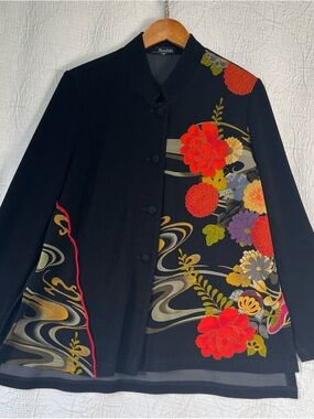 Moonlight Jacket Womens M Black Floral Asian Print Button Mandarin Collar Coat